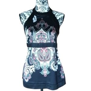 Apostrophe Black Print Satin Halter Top Sz Small